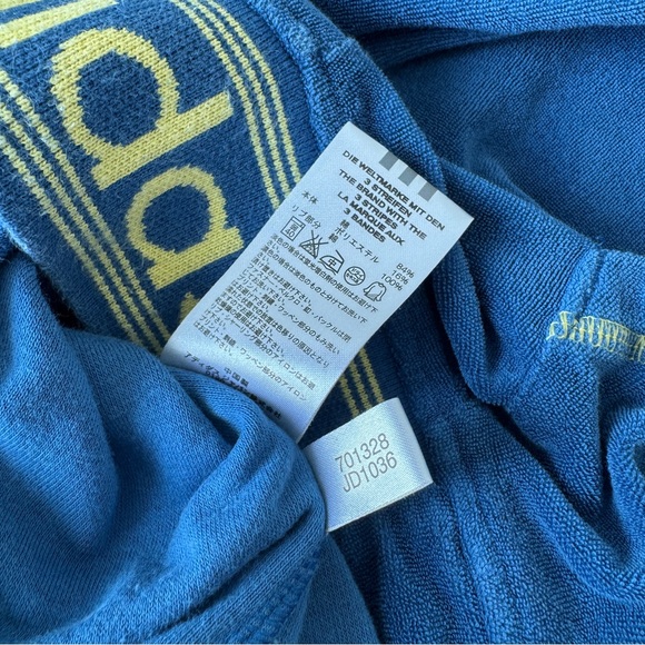 RARE Adidas Blue Hooded Terry Cloth Sweater with Yellow Accents - Picture 9 of 10